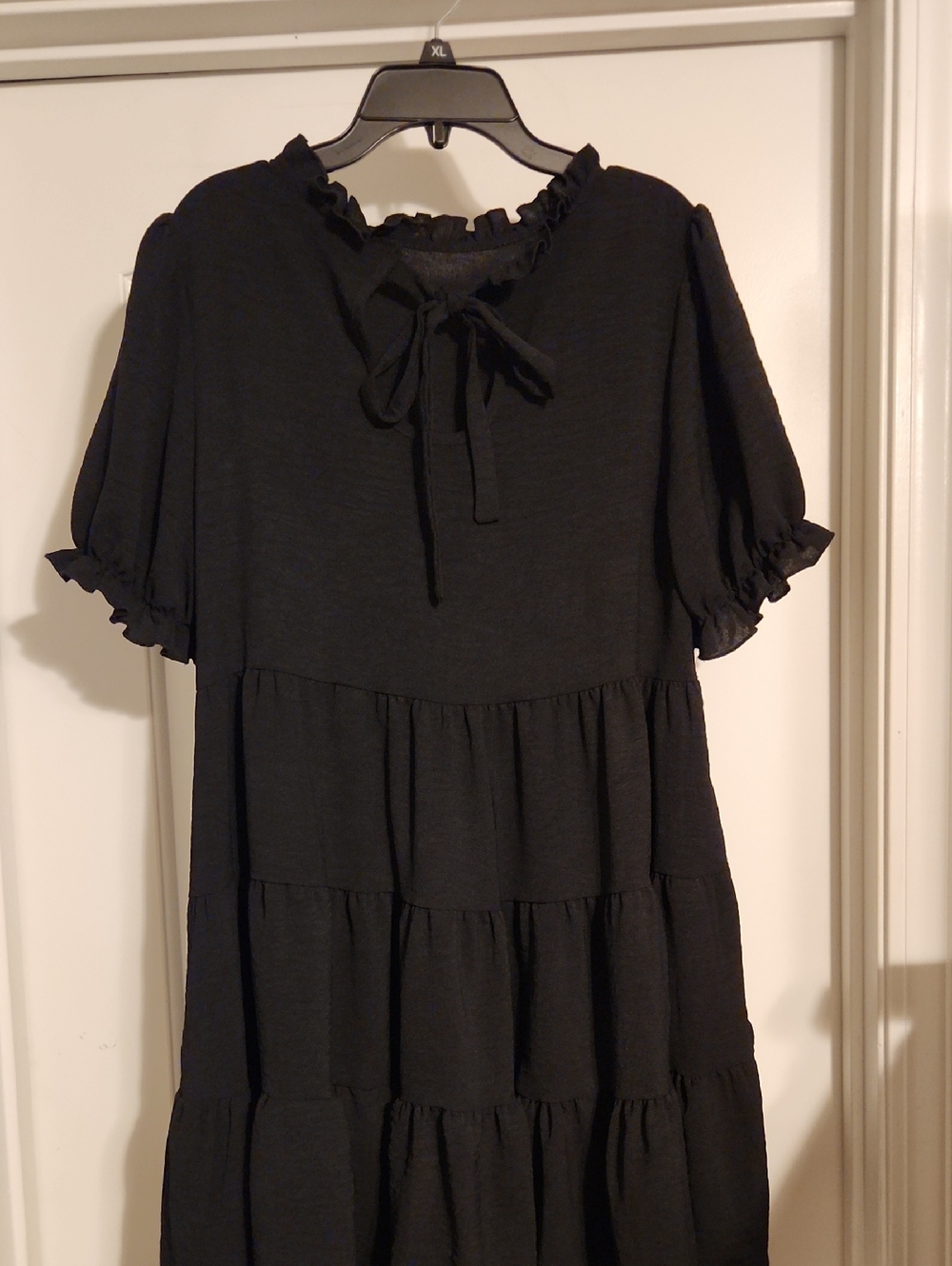 Black Ruffle Tie-Neck Tiered Midi Dress